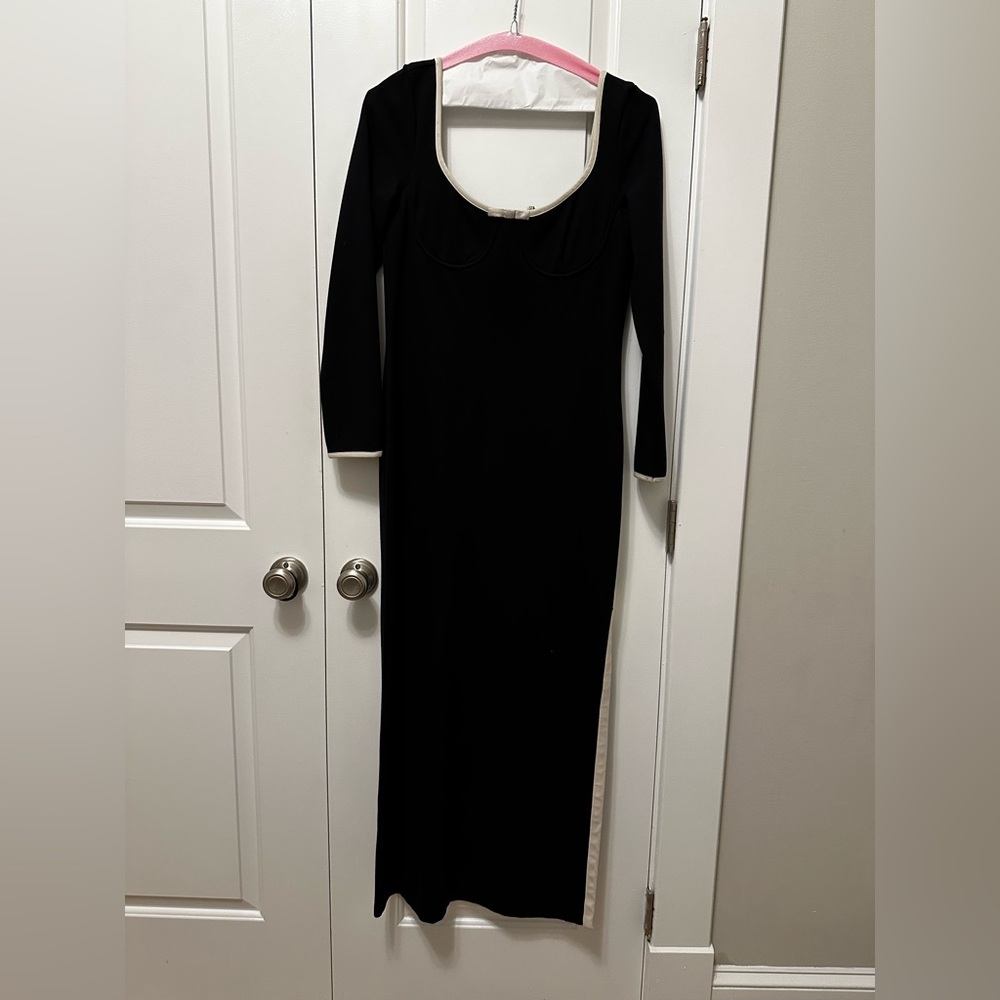 STAUD Black Long Sleeve Dress with White Trim